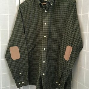 Green Plaid Button-Up Shirt with Tan Elbow Patches